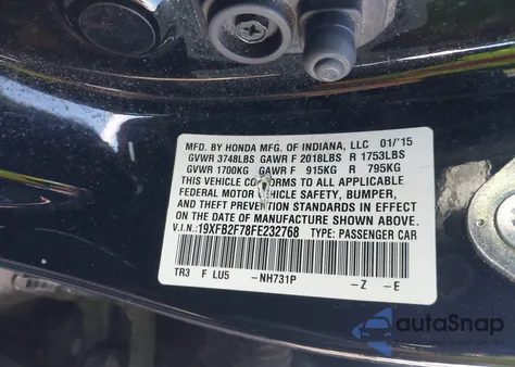 2015 Honda Civic Se из США, поврежденный, VIN 19XFB2F78FE232768